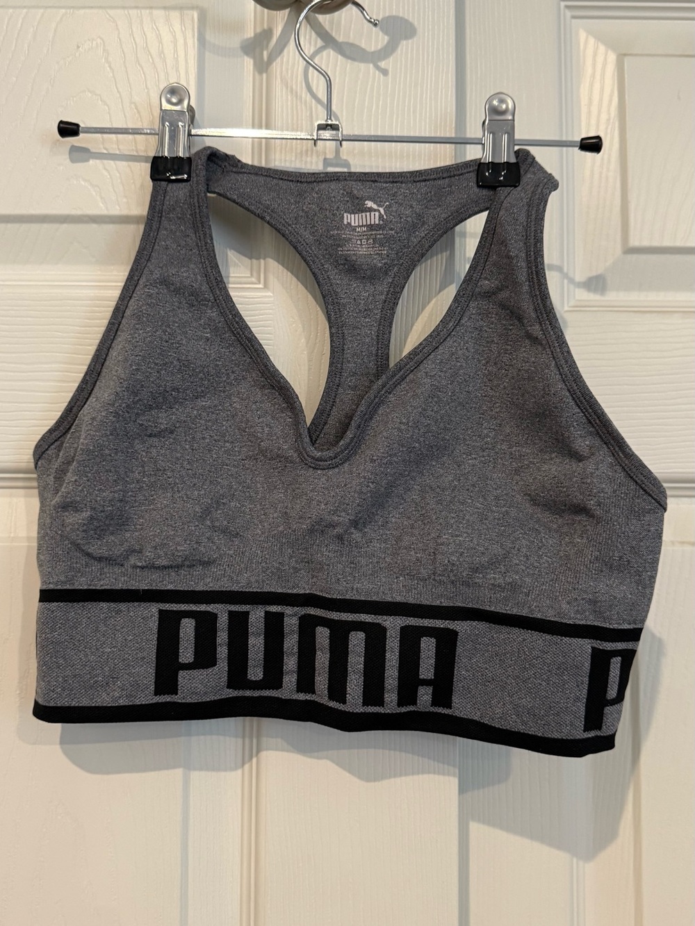 Puma Gray Padded Racerback Seamless Sports Bra with Branded Band